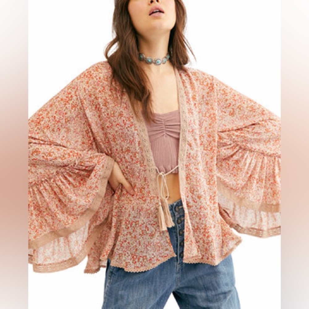 Free People Kimono Womens Medium Pink Floral Bell Sleeve Cardigan